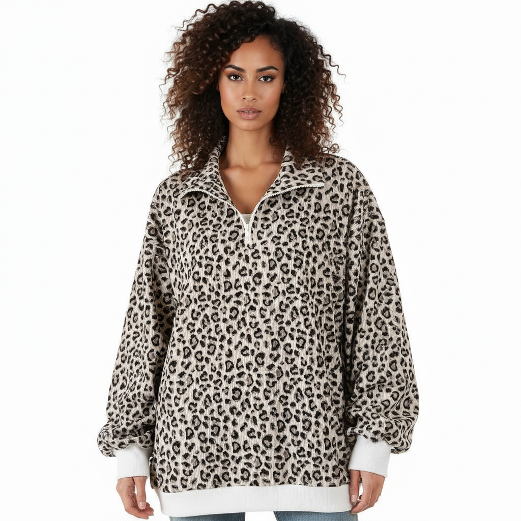 Leopard Print Quarter-Zip Sweatshirt