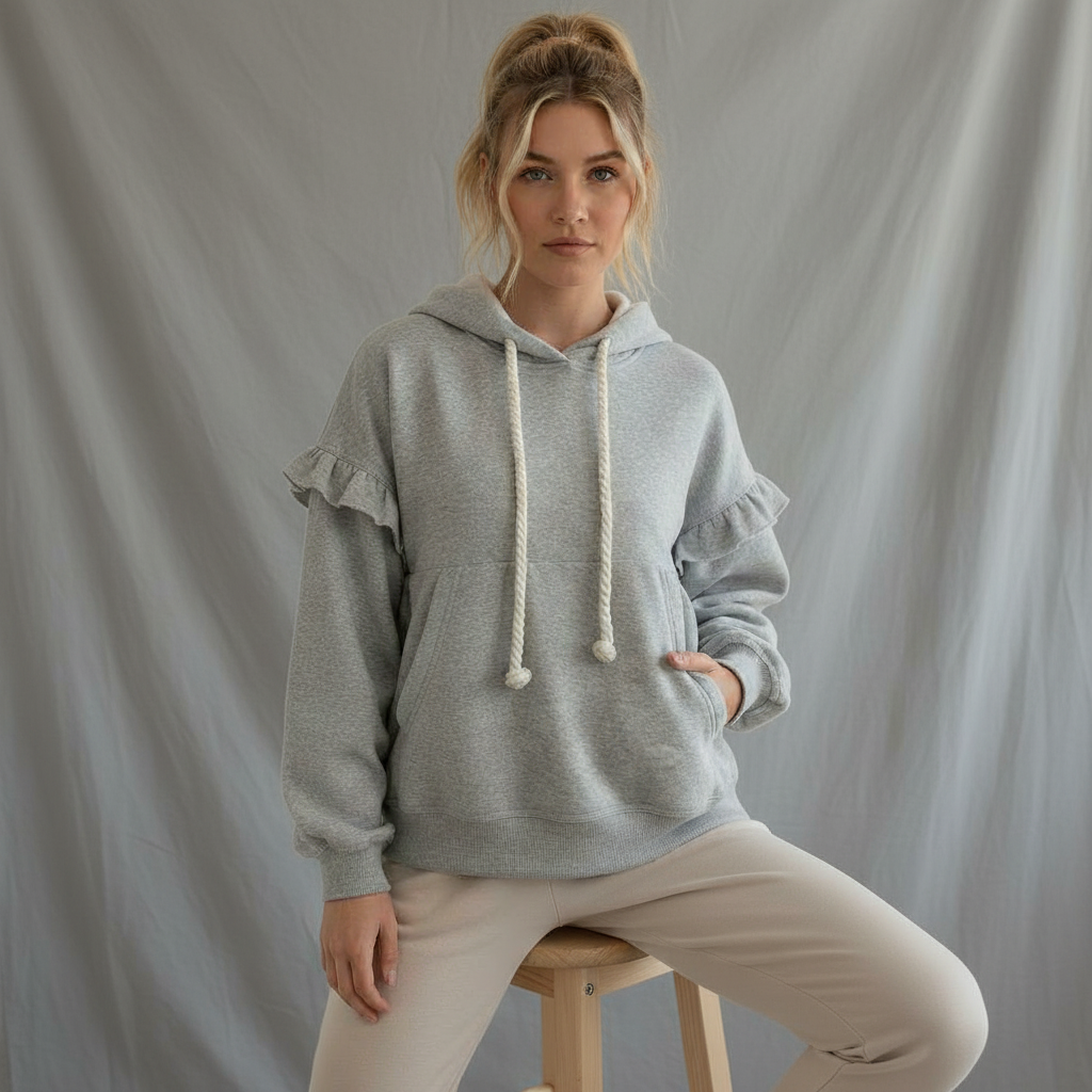 Ruffled Drawstring Long Sleeve Hoodie