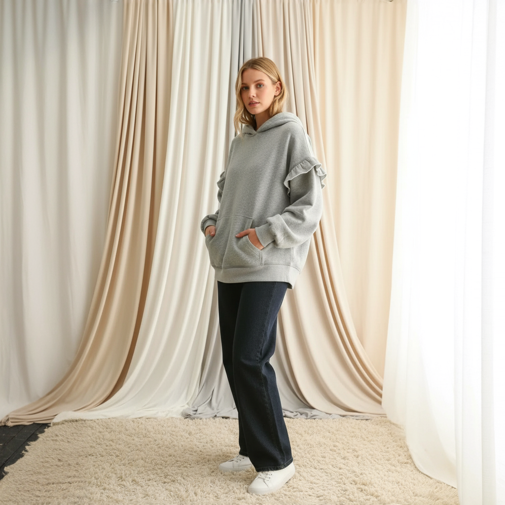 Ruffled Drawstring Long Sleeve Hoodie