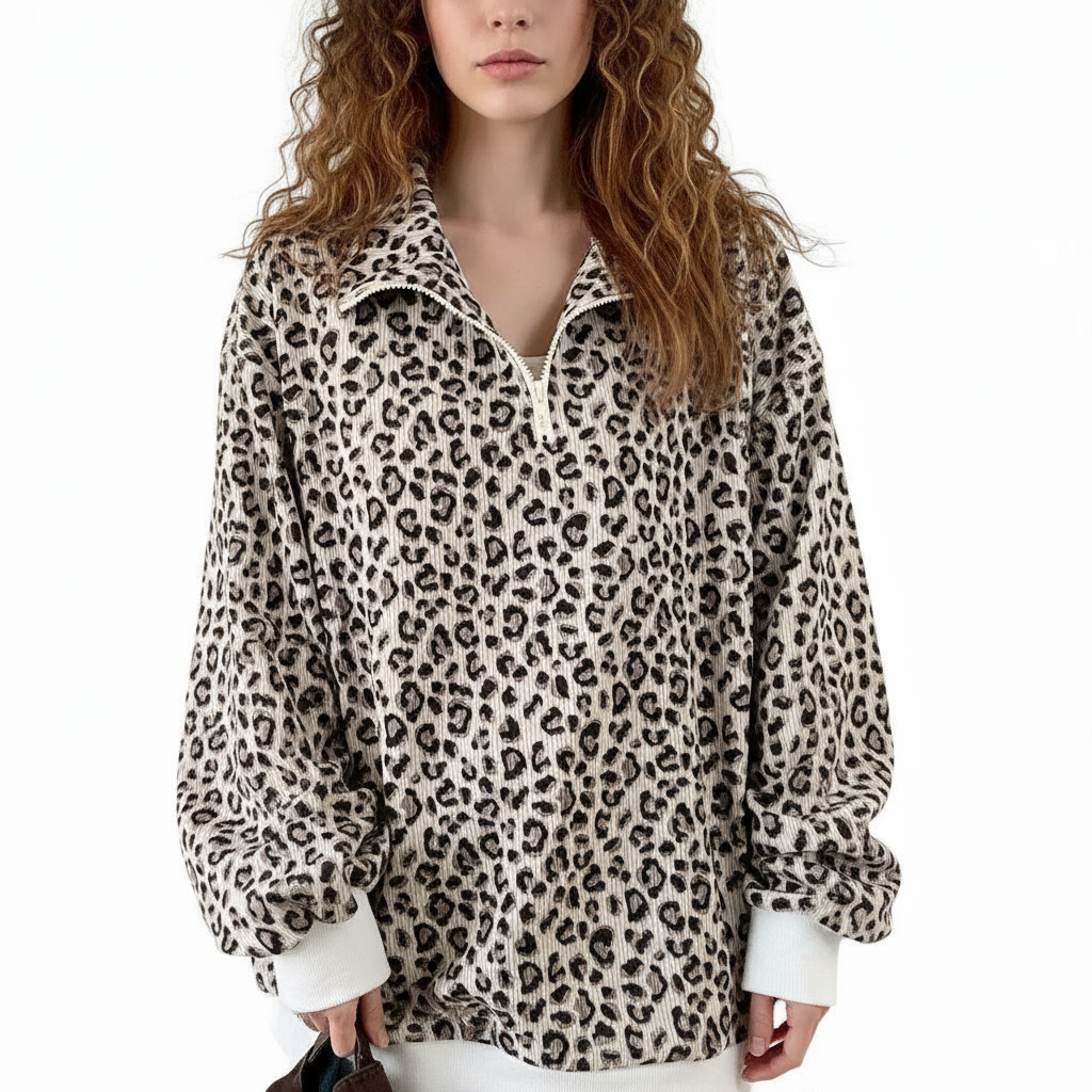 Leopard Print Quarter-Zip Sweatshirt