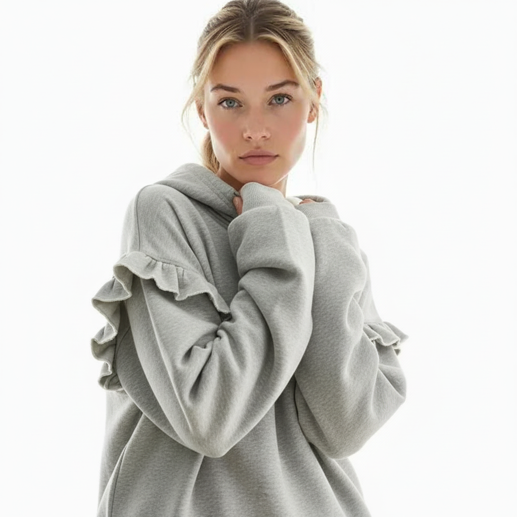 Ruffled Drawstring Long Sleeve Hoodie