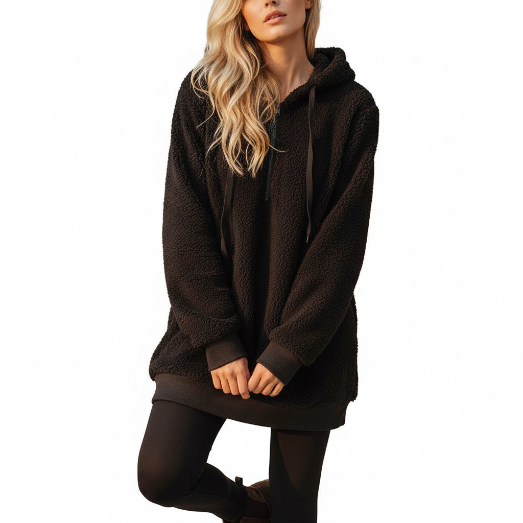 Full Size Half Zip Drawstring Fleece Hoodie Plus Size